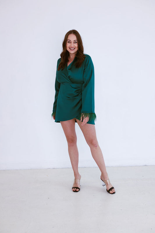 Christine Mini Dress - Emerald Green Satin Long Sleeves With Feathers | Fierce Angels Fashion