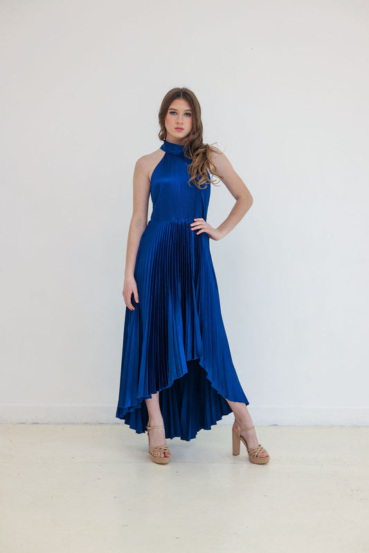 Zoey Navy Satin Halter Pleated High-Low Dress | Fierce Angels Fashion
