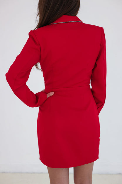 The CEO Red Blazer Dress With Rhinestone Trim | Fierce Angels Fashion