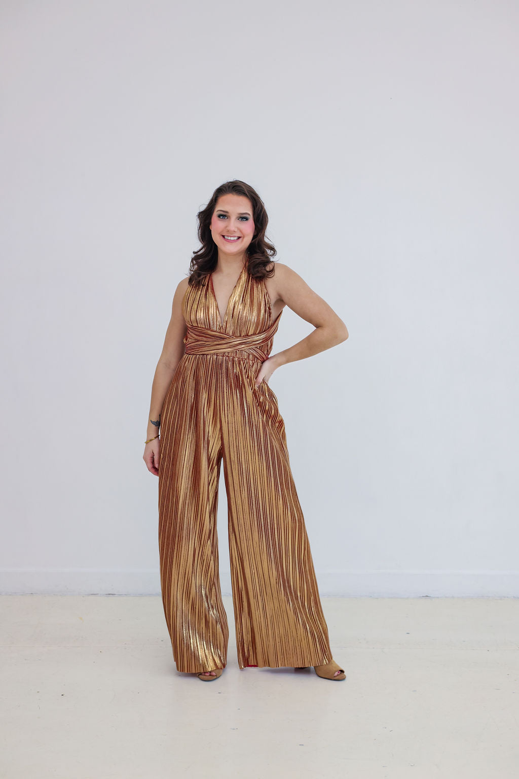 Goldie Goddess - Gold Metallic Pleated Halter Jumpsuit | Fierce Angels Fashion