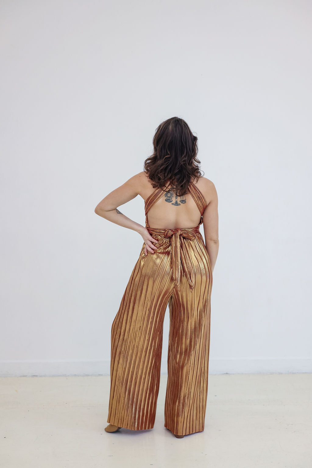 Goldie Goddess - Gold Metallic Pleated Halter Jumpsuit | Fierce Angels Fashion