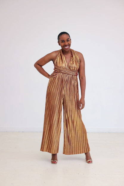 Goldie Goddess - Gold Metallic Pleated Halter Jumpsuit | Fierce Angels Fashion