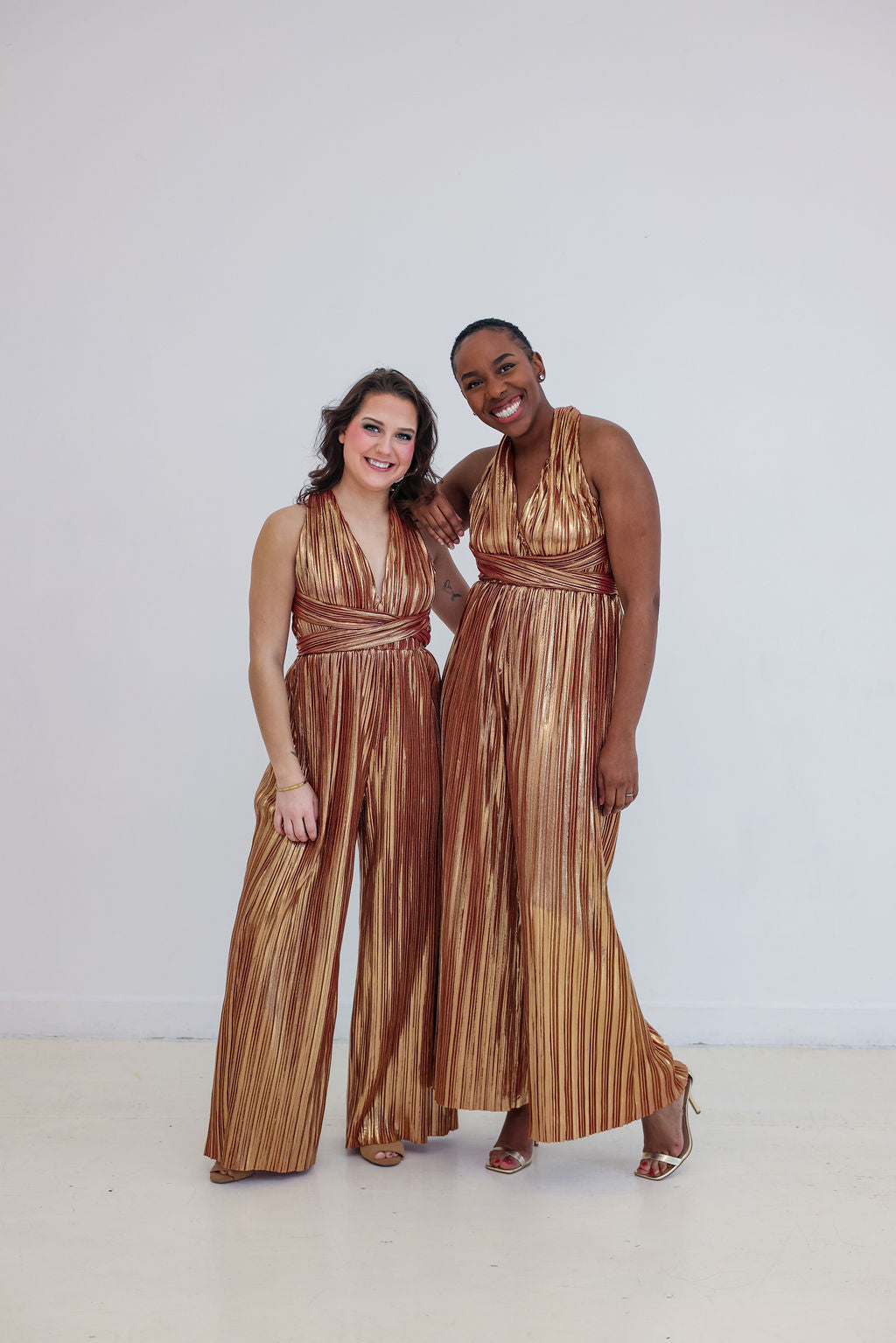 Goldie Goddess - Gold Metallic Pleated Halter Jumpsuit | Fierce Angels Fashion