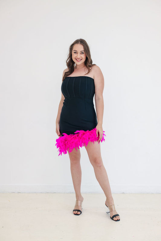 Kelly Dress - Black Bandage Asymmetrical Hem With Pink Feathers | Fierce Angels Fashion