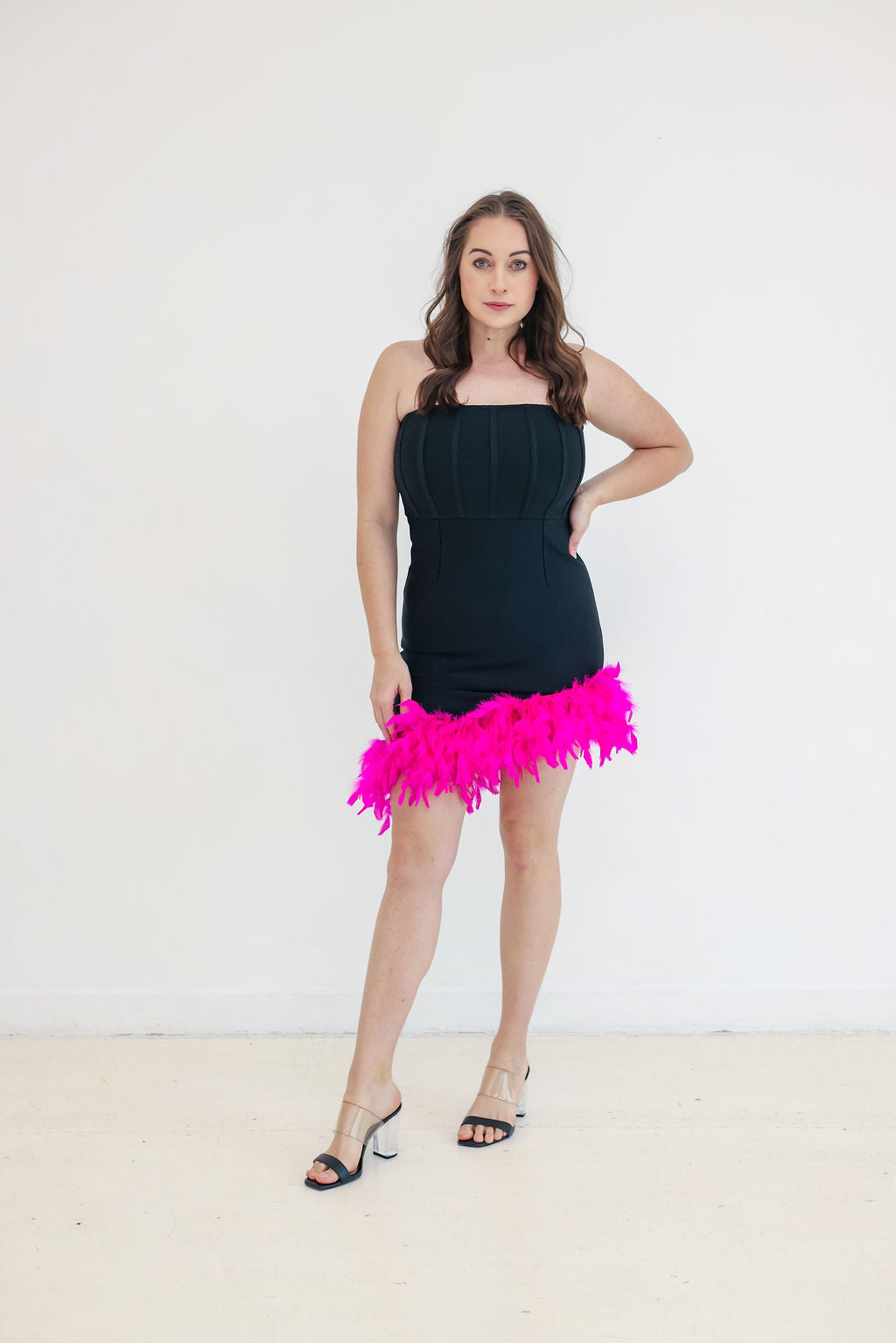 Kelly Dress - Black Bandage Asymmetrical Hem With Pink Feathers | Fierce Angels Fashion