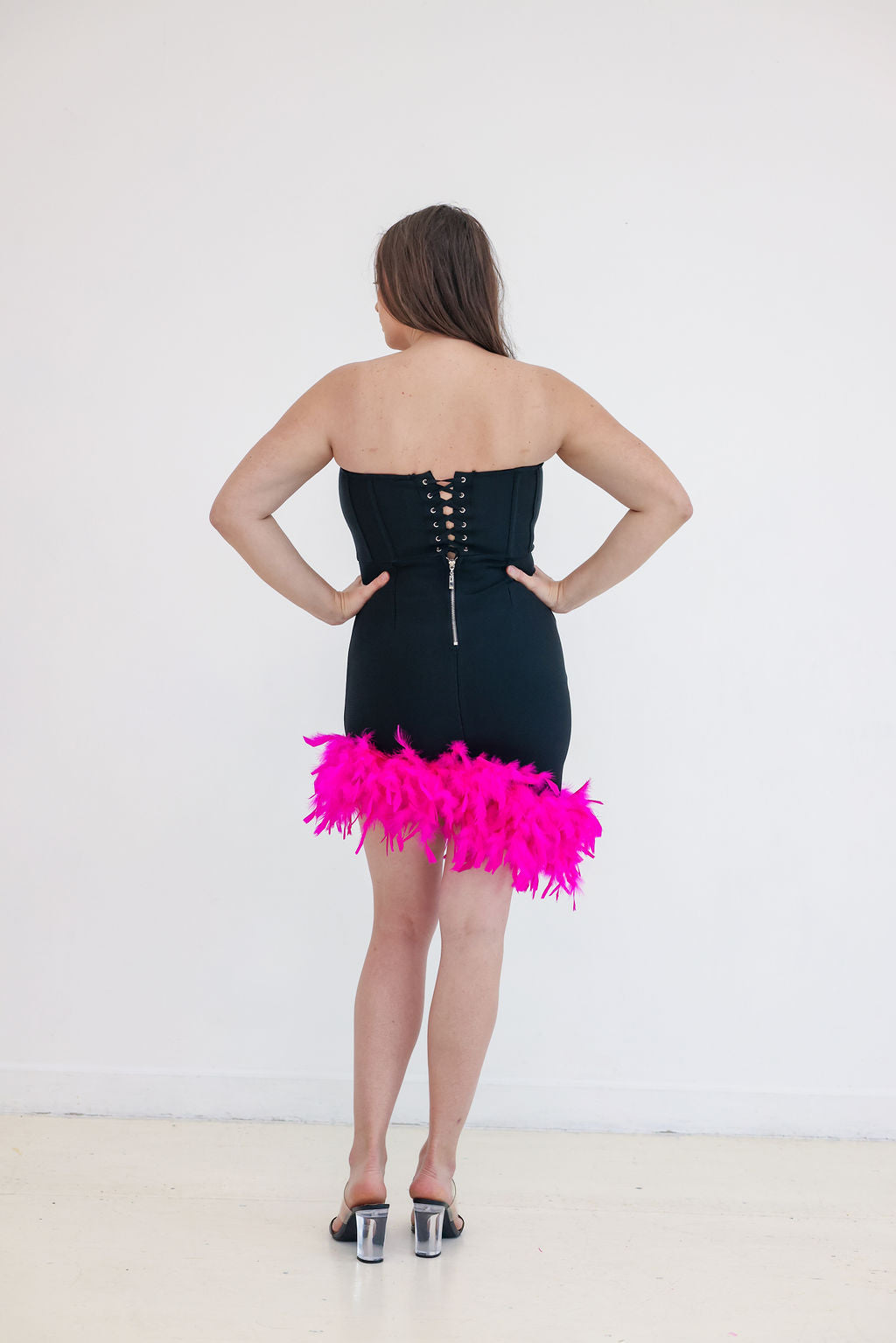 Kelly Dress - Black Bandage Asymmetrical Hem With Pink Feathers | Fierce Angels Fashion