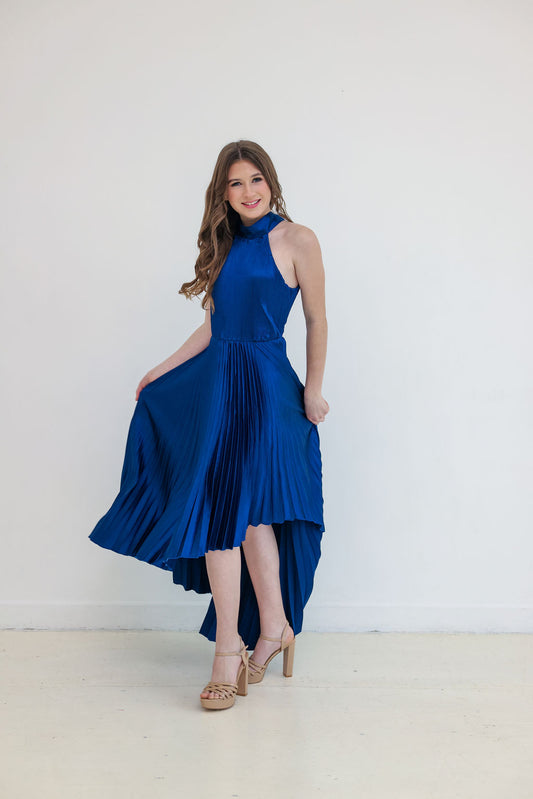 Zoey Navy Satin Halter Pleated High-Low Dress | Fierce Angels Fashion