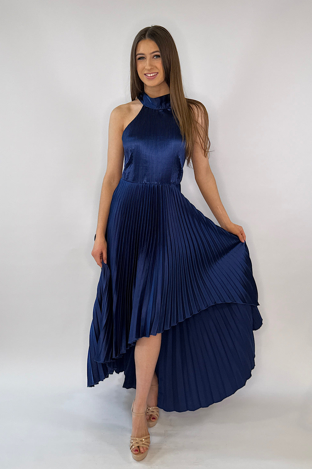 Zoey Navy Satin Halter Pleated High-Low Dress